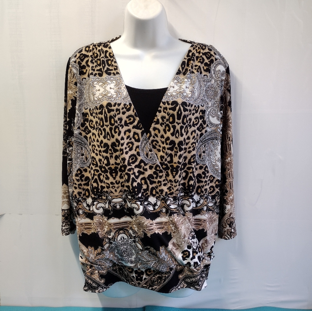 Chico's Leopard Print Cross Over Blouse 3/4 Sleeve Wrap Top Size 2 L(12-14)
